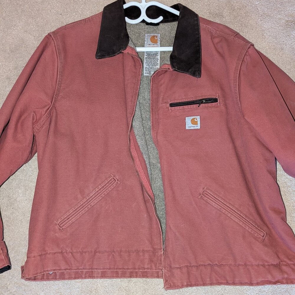 WJ097 Rare Vintage Carhartt Detroit Jacket Salmon Pink Sherpa Lined